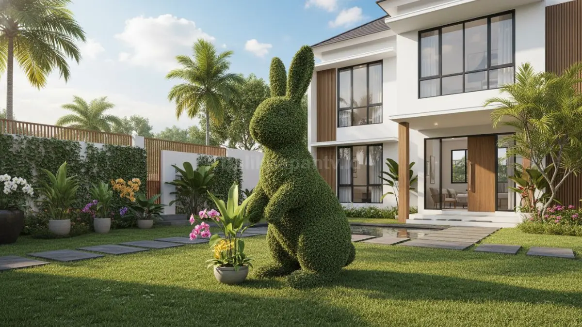 Contoh taman mini dengan topiary kelinci sebagai pusat perhatian halaman rumah
