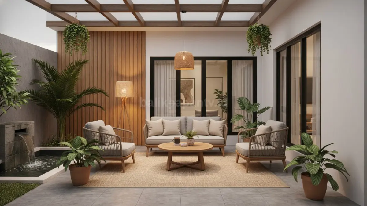 Contoh teras rumah minimalis yang jadi ruang santai keluarga. (BTV/Ai)