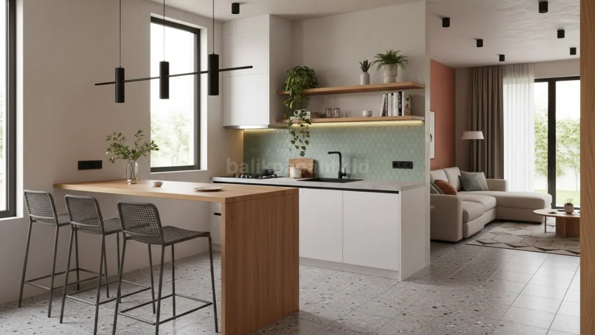 Dapur mini bar menyatu ruang keluarga, contoh hunian modern multifungsi. (BTV/Ai)