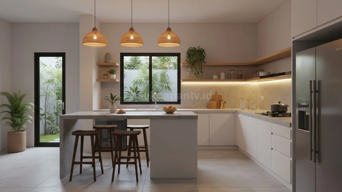 Dapur minimalis dengan bar mini modern dan pencahayaan hangat
