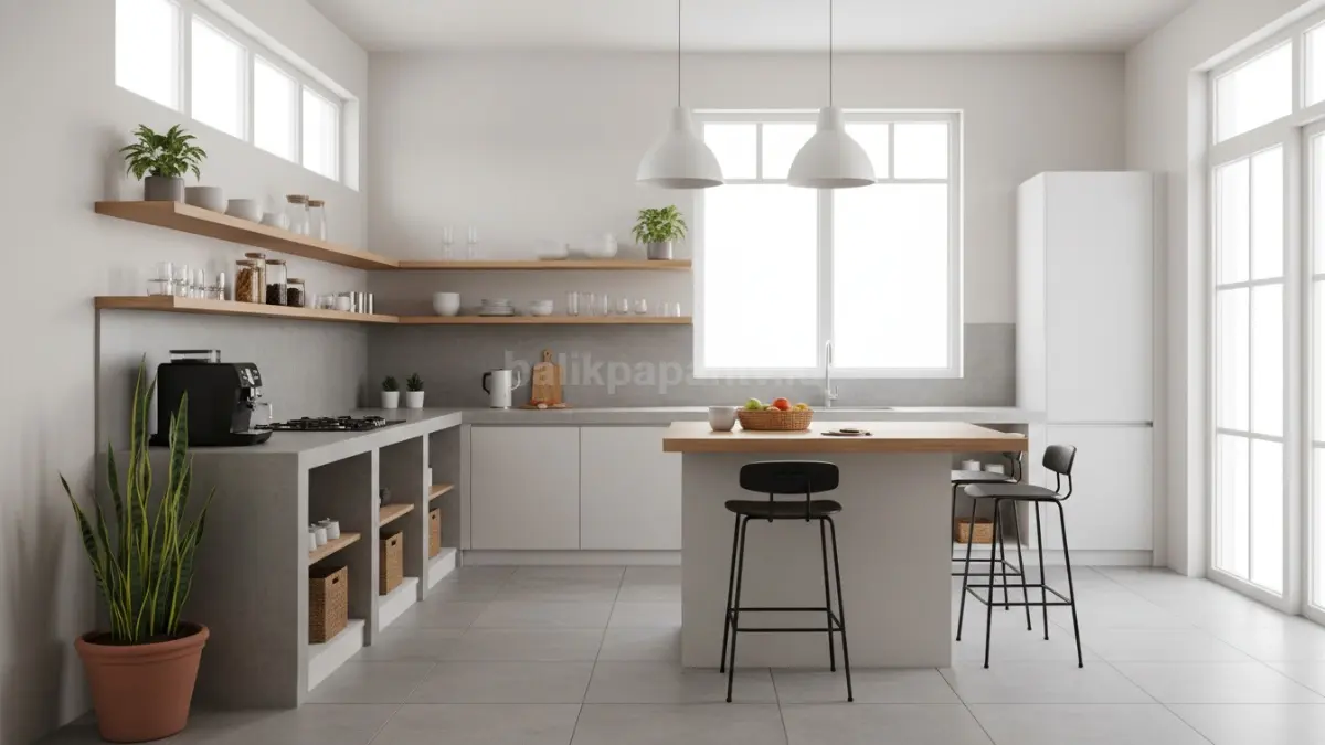 Dapur minimalis terang dengan pencahayaan alami dan rak terbuka terlihat lega dan nyaman
