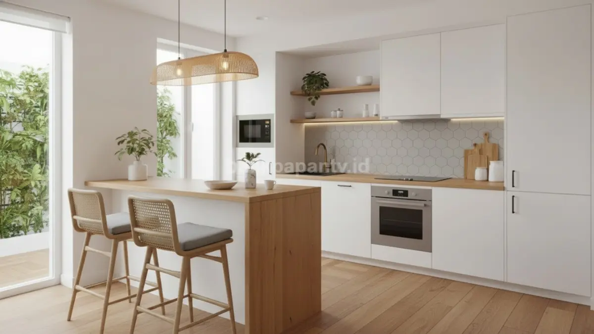 Desain dapur mini bar modern minimalis dengan pencahayaan hangat dan kursi bar estetik. (BTV/Ai)