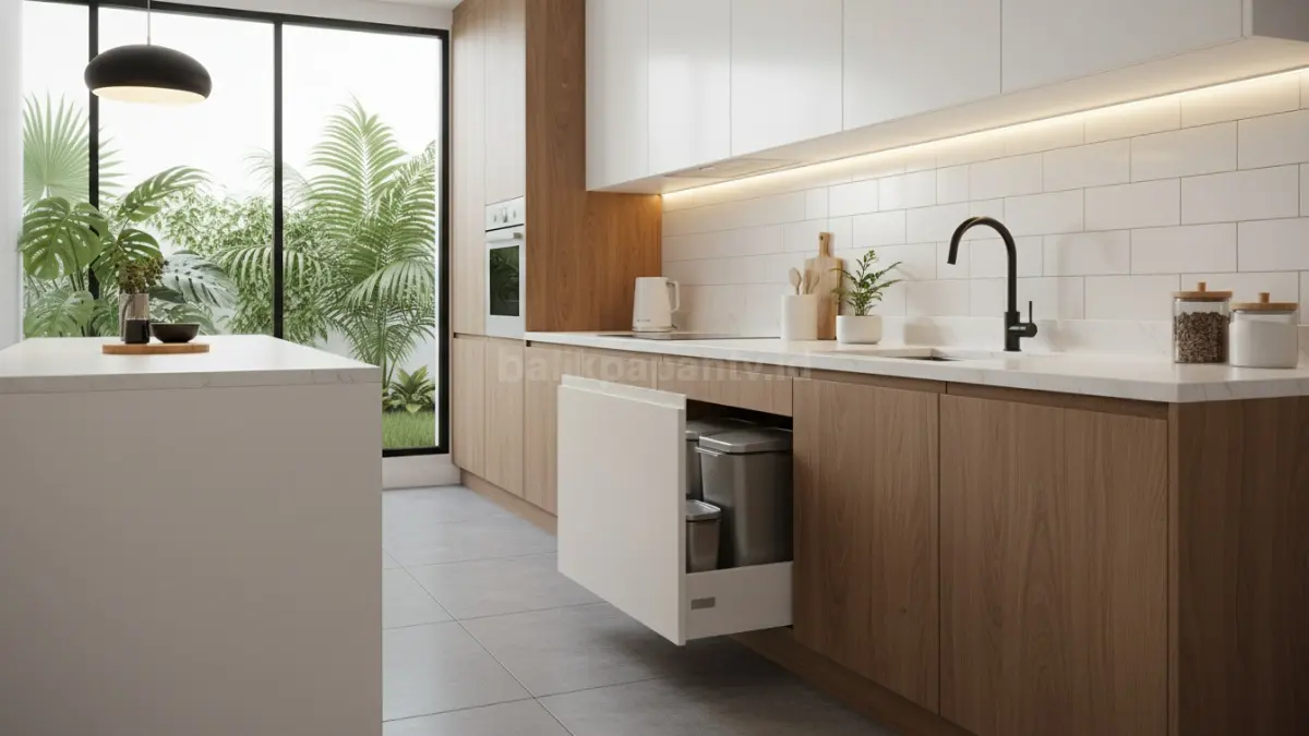 desain dapur minimalis dengan tempat sampah tersembunyi dalam kabinet modern (BTV/Ai)