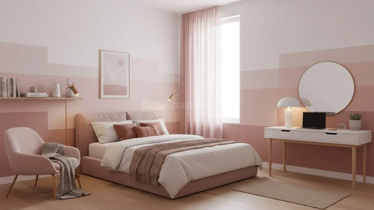 Desain kamar pink dengan kombinasi warna netral yang bikin ruang kecil terasa luas. (BTV/Ai)