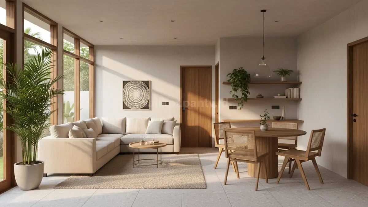 Ruang tamu dan ruang makan menyatu dalam satu area tanpa sekat, menampilkan sofa sederhana yang menghadap meja makan di dekatnya. Tata letak furnitur tertata rapi sebagai pembatas visual, menciptakan kesan luas pada rumah tipe 36 hingga 70 meter persegi. Cahaya alami masuk dari jendela, membuat ruangan terasa terang, lega, dan fungsional untuk berbagai aktivitas.  (BTV/Ai)

