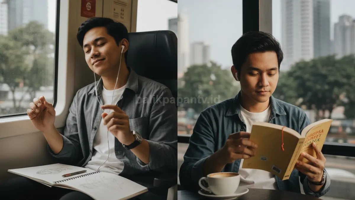 seseorang menjalani aktivitas harian seperti perjalanan atau waktu istirahat singkat, sambil tetap menyalurkan hobi secara ringan. Terlihat seseorang mendengarkan musik dengan earphone di kendaraan atau membaca buku di sela waktu santai. Suasana terasa natural dan tidak dipaksakan, menunjukkan bahwa hobi bisa menyatu dengan rutinitas tanpa perlu waktu khusus yang panjang. Visual ini menegaskan konsep fleksibilitas, di mana hobi tetap berjalan konsisten tanpa mengganggu aktivitas utama sehari-hari.  (BTV/Ai)
