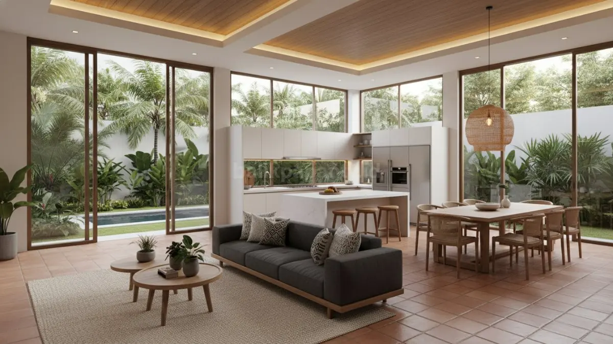 Interior rumah open space dengan ruang tamu, dapur, dan ruang makan menyatu  (BTV/Ai)
