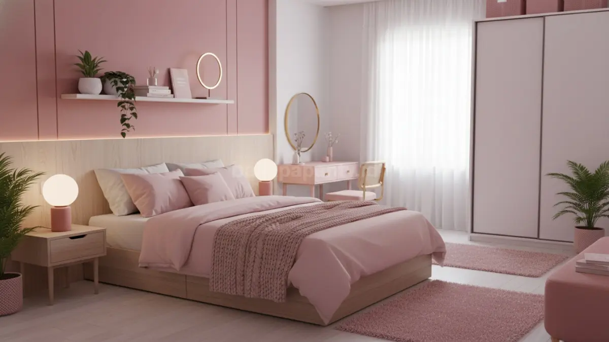 Kamar aesthetic pink minimalis modern dengan pencahayaan alami yang bikin ruang terasa hangat. (BTV/Ai)