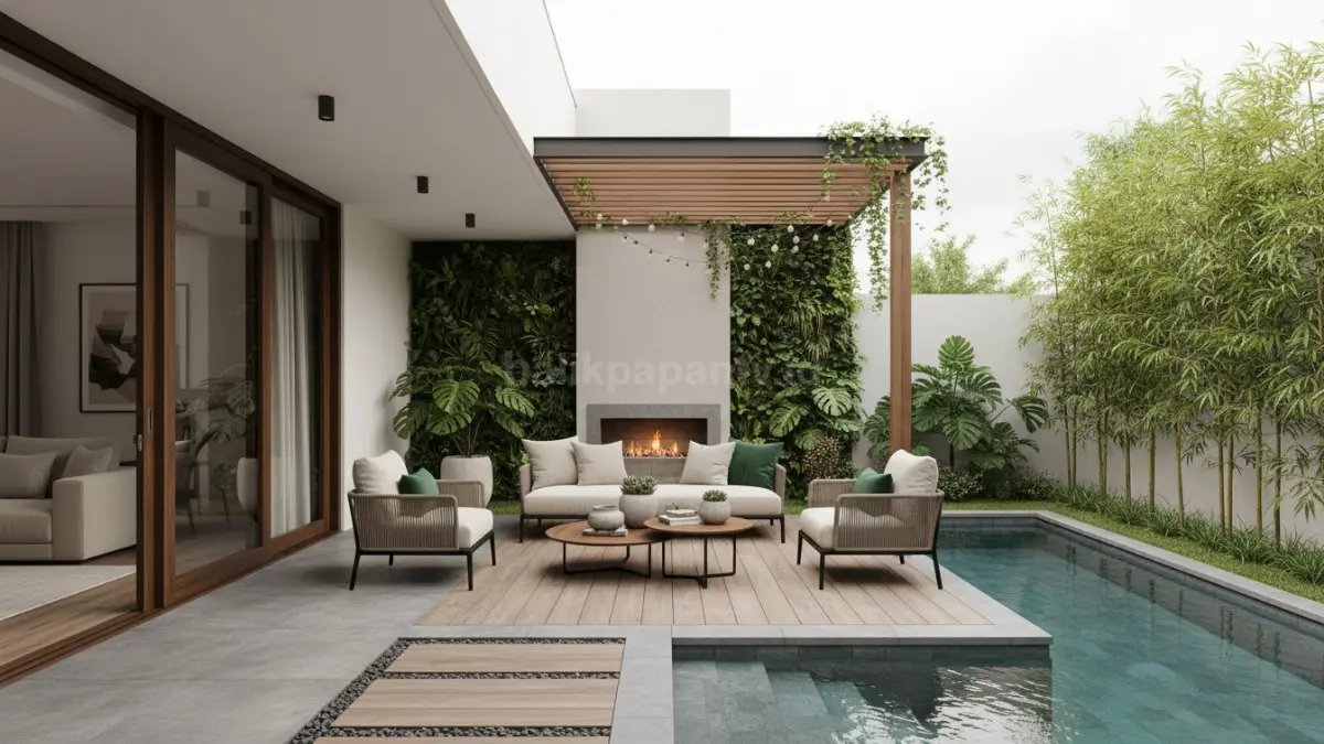 konsep ruang tamu outdoor menyatu dengan alam di rumah tropis. (BTV/Ai)