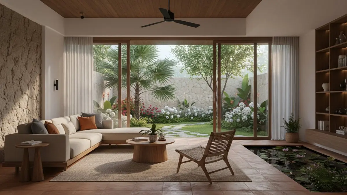 Ruang dalam rumah yang terhubung langsung dengan taman kecil atau teras melalui pintu kaca lebar, menciptakan aliran udara yang lancar dan cahaya alami yang masuk bebas. Perpaduan elemen interior dan eksterior membuat ruang terasa lebih luas, sejuk, dan nyaman, mencerminkan hunian tropis yang efisien dan fungsional untuk aktivitas sehari-hari.  (BTV/Ai)
