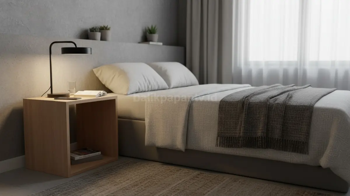Meja kecil minimalis dengan lampu tidur di kamar modern sempit (BTV/Ai)