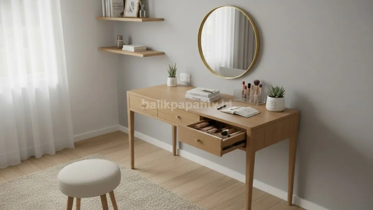 Meja rias minimalis modern dengan cermin dan laci penyimpanan rapi. (BTV/Ai)