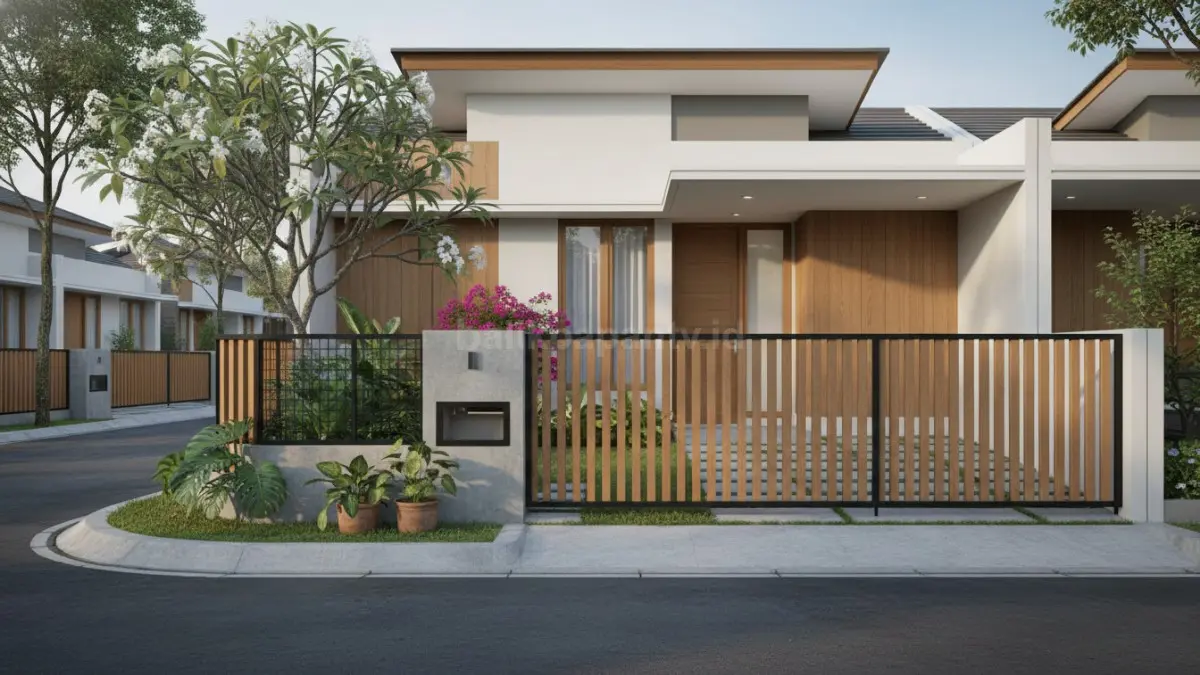 Pagar rumah minimalis modern dengan desain garis horizontal. (BTV/Ai)
