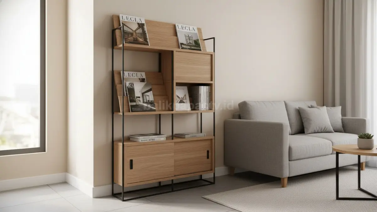 Rak majalah minimalis modern di ruang tamu kecil dengan desain estetik (BTV/Ai)
