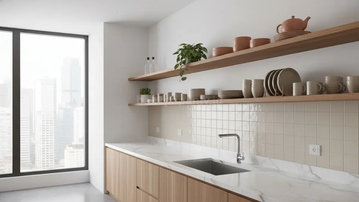Rak terbuka minimalis yang membuat dapur terlihat luas
