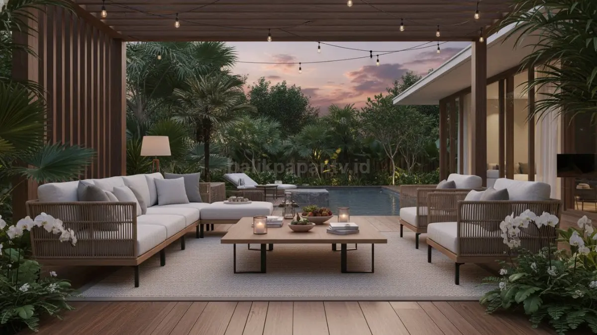 ruang tamu outdoor estetik dengan furnitur minimalis dan tanaman hijau segar. (BTV/Ai)