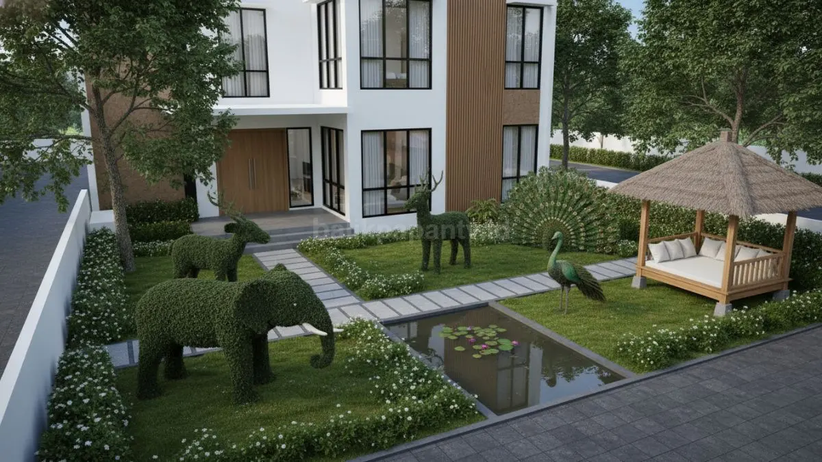 Taman mini rumah dengan tanaman bentuk hewan yang rapi dan estetik, bikin suasana adem
