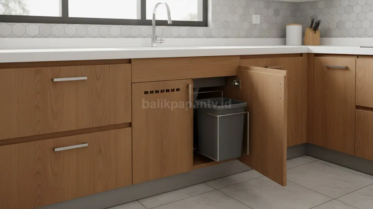 Tempat sampah tersembunyi di bawah sink dengan sistem gantung (BTV/Ai)