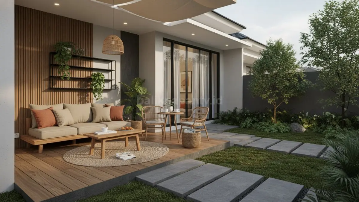 Teras rumah modern dengan kursi santai, tanaman hijau, dan pencahayaan hangat. (BTV/Ai)