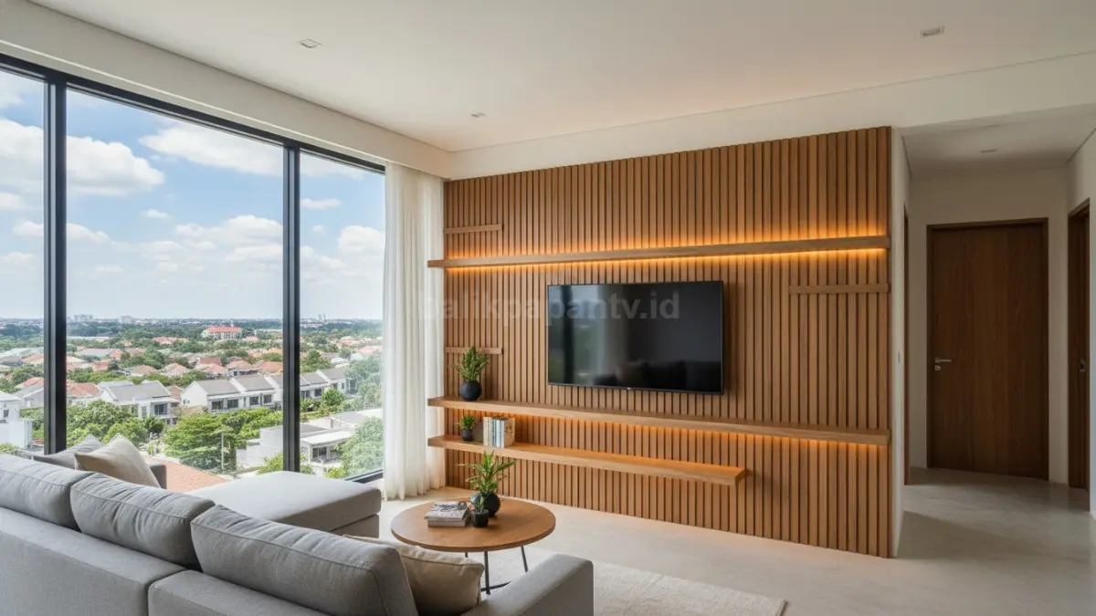 Tv wall panel minimalis modern dengan desain kayu dan lighting (BTV/Ai)