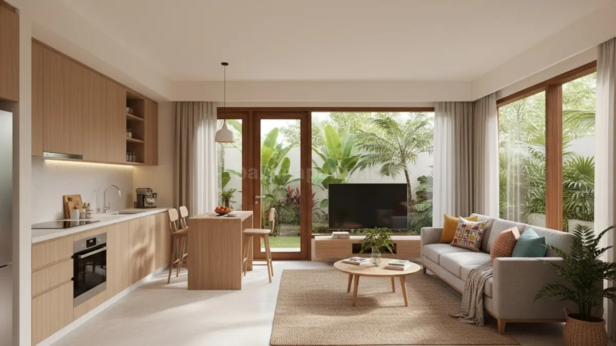 Dapur terbuka yang langsung terhubung dengan area keluarga, menampilkan kitchen set sederhana menghadap ruang santai dengan sofa. Tidak ada sekat permanen, sehingga aktivitas memasak tetap terhubung dengan interaksi di ruang keluarga. Suasana terlihat hangat, hidup, dan komunikatif, didukung pencahayaan alami yang menyebar merata ke seluruh area.  (BTV/Ai)
