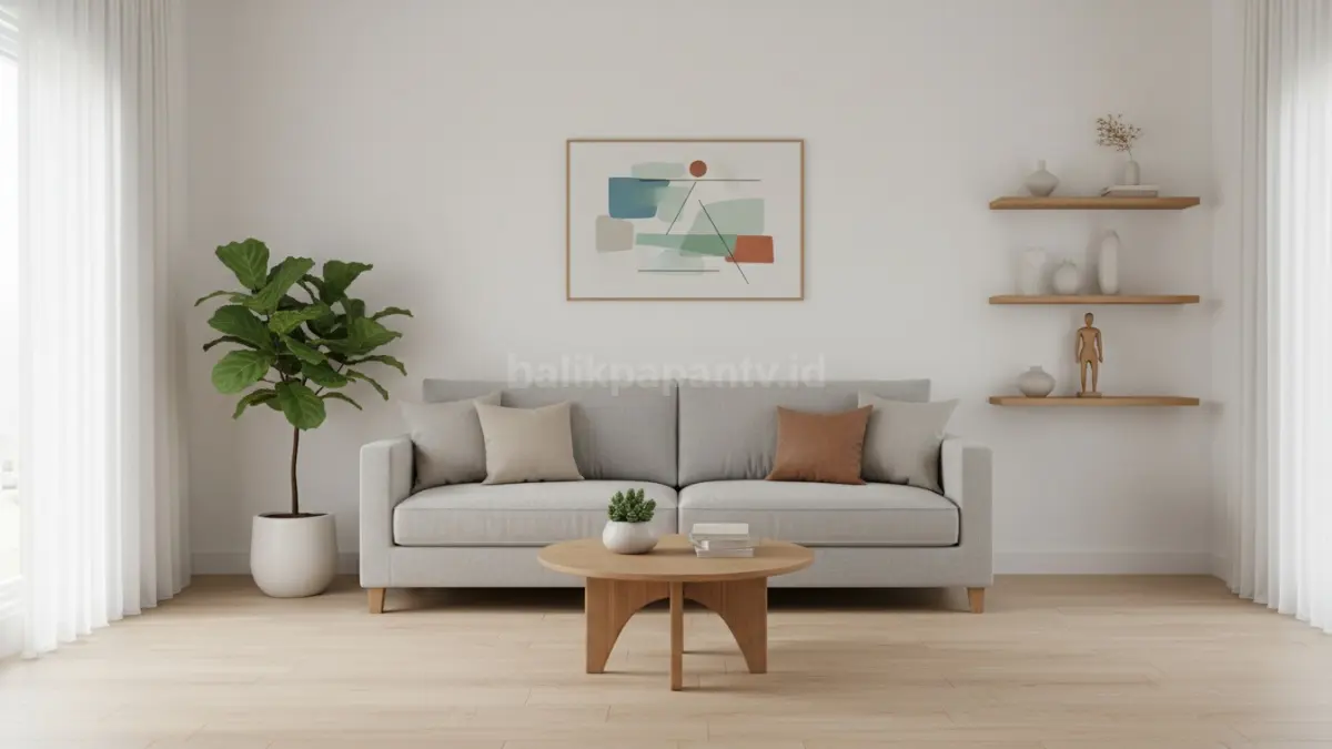 Interior rumah minimalis dengan dekorasi secukupnya, menampilkan beberapa elemen seperti tanaman kecil dan lukisan sederhana di dinding. Ruangan terlihat rapi, tidak penuh, dengan fokus pada keseimbangan antara estetika dan fungsi. Setiap dekorasi dipilih dengan tepat sehingga memberi karakter tanpa mengganggu kenyamanan ruang.  (BTV/Ai)
