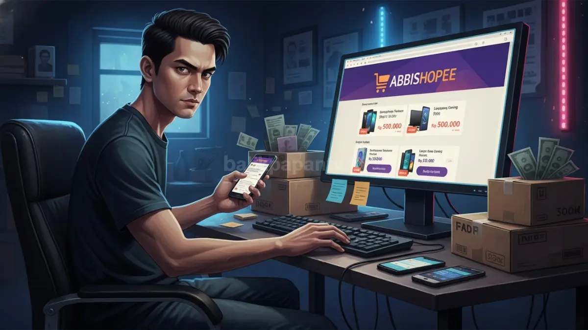 Ilustrasi aktivitas operator penipuan online menggunakan platform digital abbishopee