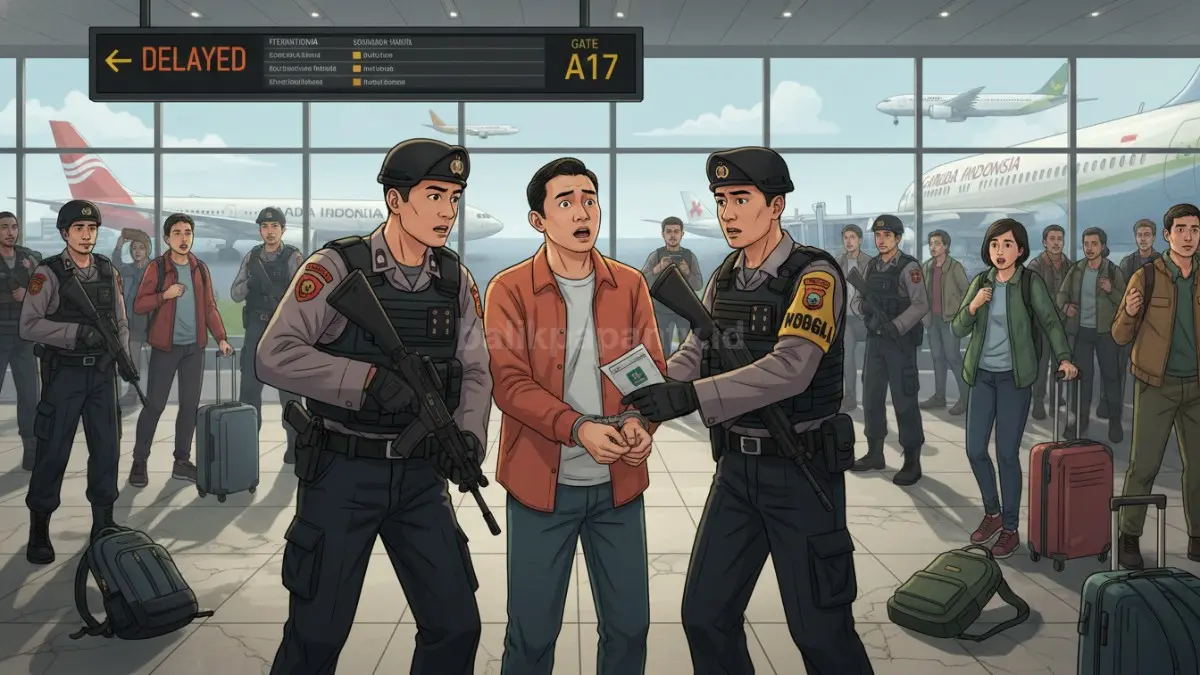 Ilustrasi Penangkapan buronan Interpol LCS di Bandara Soekarno-Hatta terkait penipuan online lintas negara (BTV/Ai)