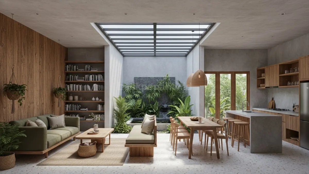 Rumah 7x12 modern pedesaan dengan konsep open space terang dan lapang dengan Inner Court Mini