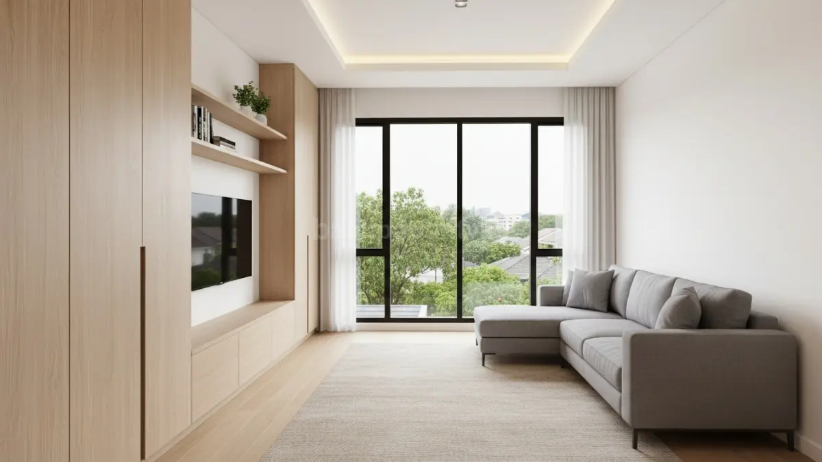 Interior rumah modern dengan penyimpanan terorganisir seperti lemari tanam, rak dinding, dan laci tersembunyi yang tersusun rapi. Ruangan terlihat bersih dan lega, memudahkan aktivitas harian serta mengurangi stres visual, cocok untuk rumah dengan ruang terbatas di Balikpapan.  (BTV/Ai)
