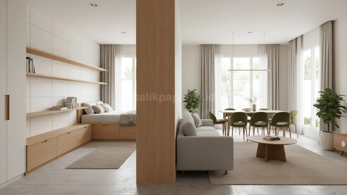 Interior rumah modern dengan penyimpanan tersembunyi seperti lemari tanam, laci di bawah tempat tidur, dan rak dinding yang menyatu dengan desain. Ruangan terlihat rapi dan lega tanpa banyak furnitur tambahan, mencerminkan solusi efisien untuk rumah tipe 60–90 meter persegi di Balikpapan.  (BTV/Ai)

