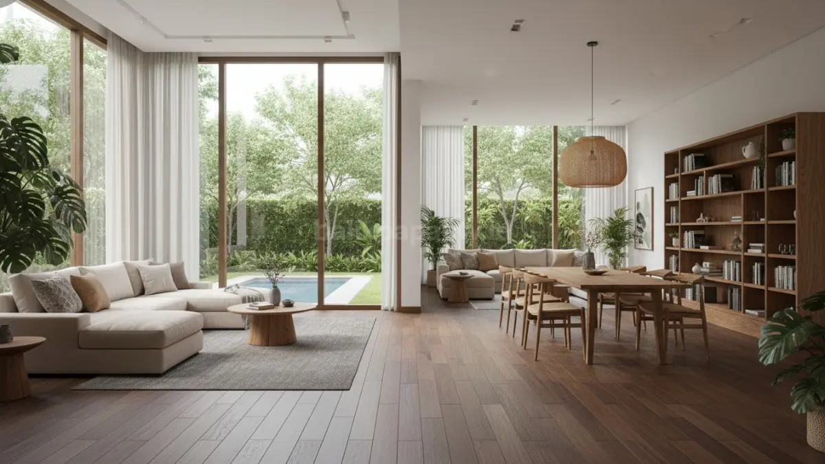 Interior rumah modern dengan tata ruang terbuka tanpa sekat antara ruang tamu, ruang makan, dan area keluarga. Ruangan terlihat luas, aliran aktivitas terasa lancar, dan interaksi antar penghuni lebih mudah, menciptakan suasana yang lega, nyaman, serta mendukung pikiran lebih tenang dan fokus.  (BTV/Ai)

