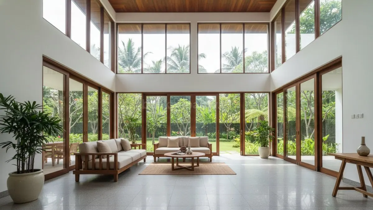 Ruang dalam rumah modern dengan jendela besar dan bukaan lebar di dua sisi, memungkinkan cahaya alami masuk maksimal dan menciptakan ventilasi silang yang lancar. Ruangan tampak terang, lega, dan sejuk, menggambarkan penerapan standar bukaan 20–30 persen dari luas dinding untuk meningkatkan kenyamanan hunian tropis.  (BTV/Ai)
