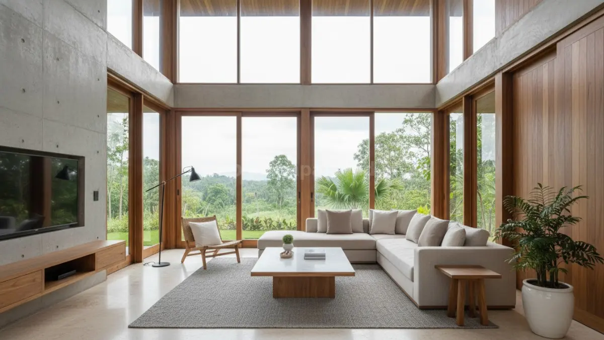 Interior rumah modern dengan dominasi warna putih, abu-abu, dan beige yang dipadukan tekstur alami seperti kayu lokal, batu alam, dan beton ekspos. Tampilan terlihat hangat, bersih, dan elegan tanpa dekorasi berlebihan, mencerminkan konsep hunian simpel yang tetap berkelas serta relevan dengan kondisi iklim Balikpapan.  (BTV/Ai)
