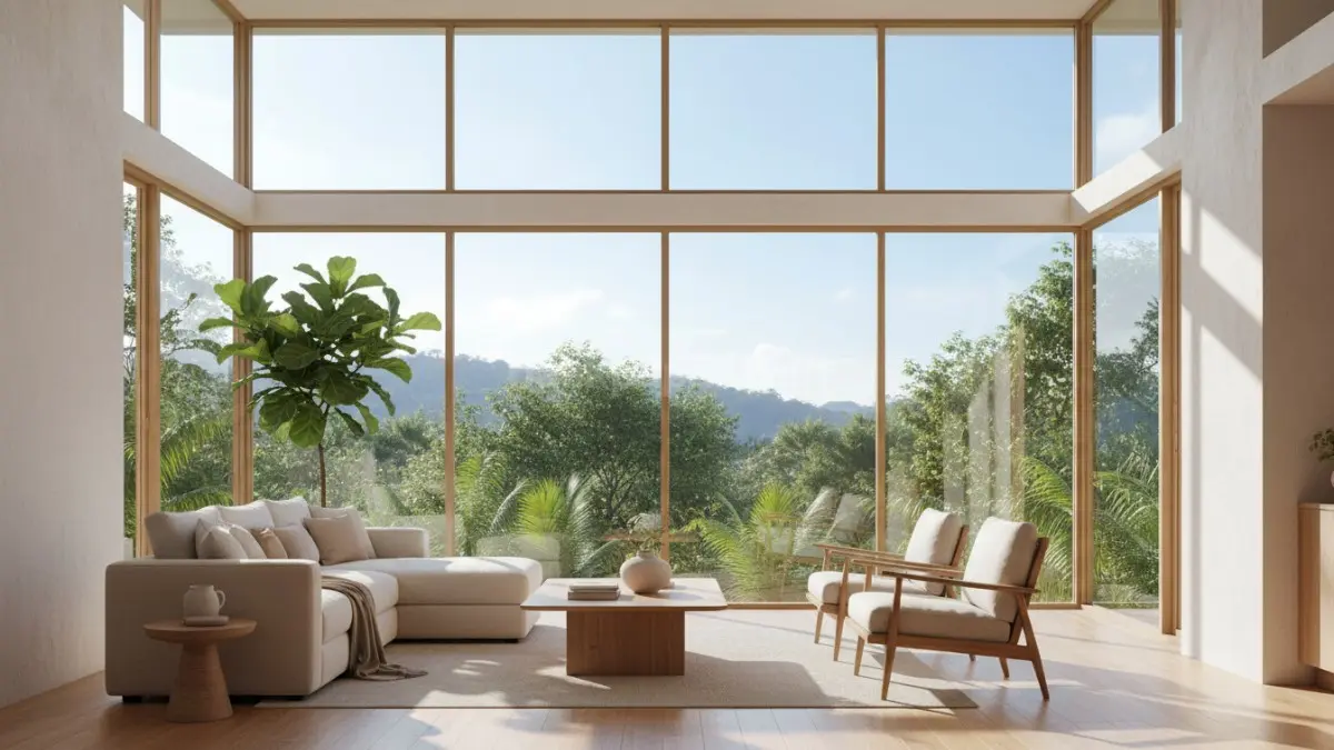 Interior rumah modern dengan cahaya matahari masuk melalui jendela besar, menerangi ruang secara merata sepanjang siang hari. Suasana terlihat terang, hangat, dan segar, mendukung aktivitas harian, membantu menjaga ritme biologis tubuh, serta meningkatkan energi dan produktivitas penghuni.  (BTV/Ai)
