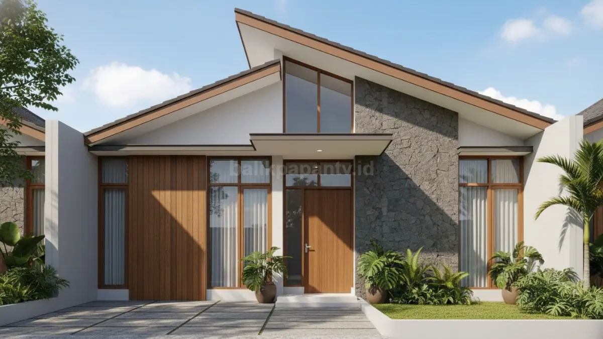 Tampilan rumah modern minimalis dengan desain bersih, garis tegas, dan warna netral mendominasi fasad. Bukaan jendela lebar memaksimalkan cahaya alami, sementara elemen kayu dan batu alam memberi kesan hangat dan elegan. Visual ini menggambarkan bagaimana kesederhanaan desain justru menciptakan nuansa mewah, fungsional, dan sesuai dengan iklim tropis Indonesia.  (BTV/Ai)

