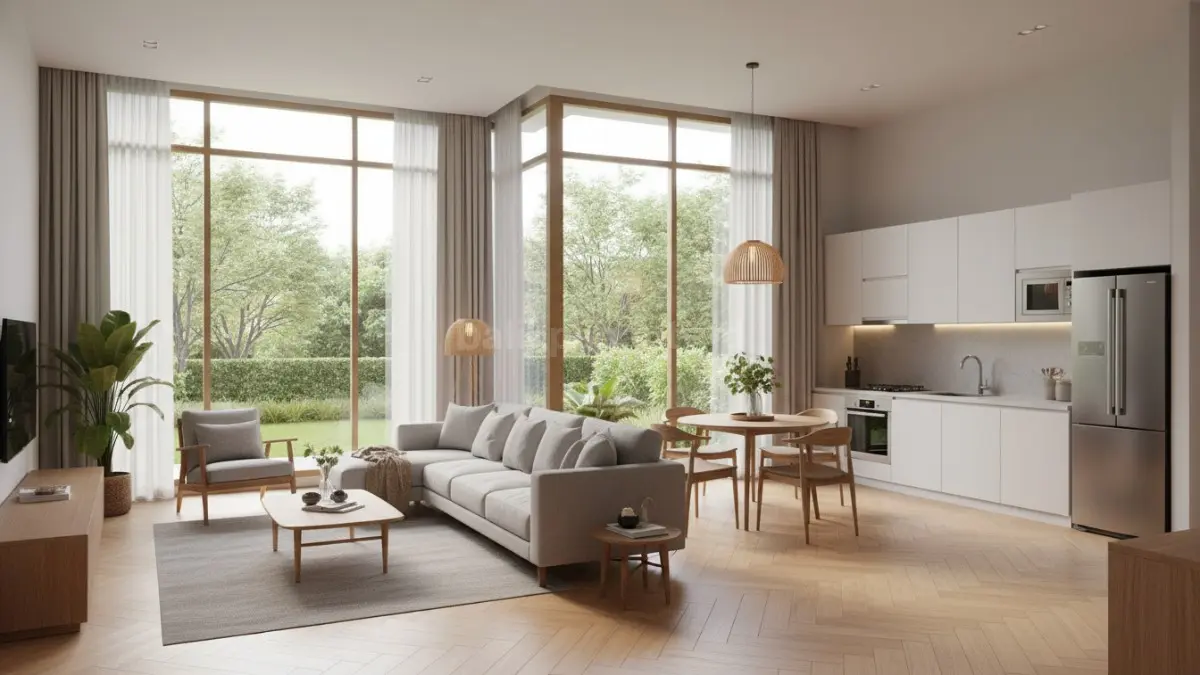 Interior rumah modern dengan tata ruang terbuka multifungsi yang menggabungkan ruang tamu, ruang makan, dan dapur dalam satu area tanpa sekat. Cahaya alami masuk merata, sirkulasi udara mengalir lancar, dan ruangan terlihat lebih luas serta efisien meski ukuran hunian terbatas.  (BTV/Ai)
