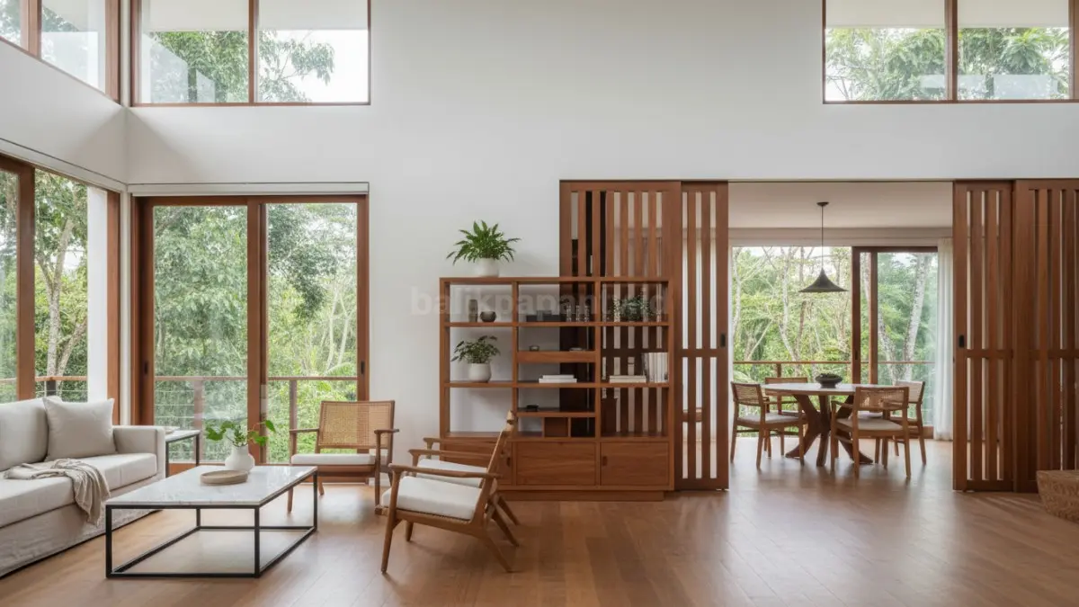 Interior rumah modern dengan tata ruang bersih dan minim ornamen, menampilkan rak multifungsi, meja sederhana, dan partisi yang sekaligus jadi elemen estetika. Furnitur dipilih secukupnya dengan desain fungsional, menciptakan kesan lega, rapi, dan tampilan visual yang elegan meski tanpa dekorasi berlebihan.  (BTV/Ai)
