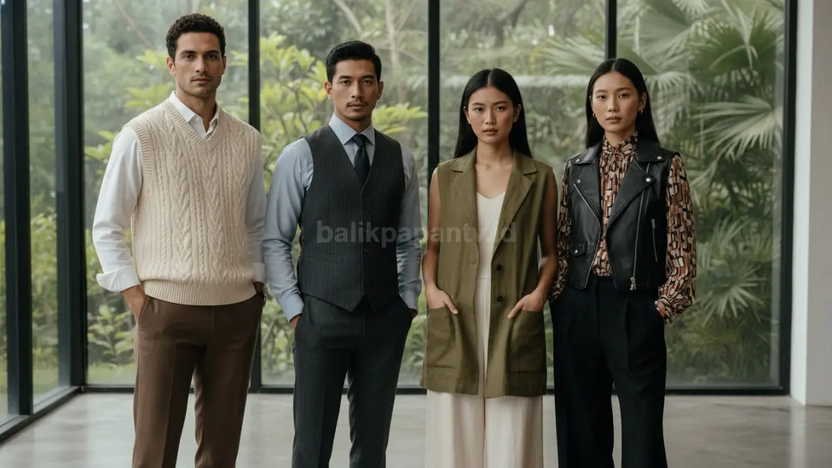 Beragam jenis vest dari rajut hingga formal dalam satu tampilan
