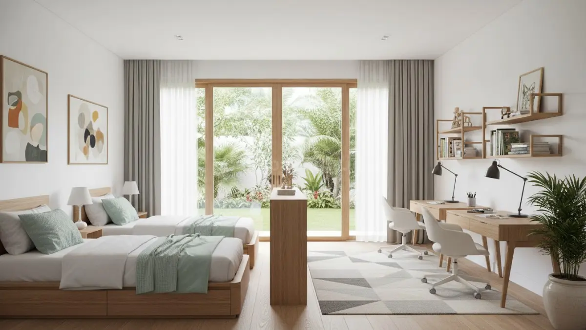 contoh pembagian zona kamar anak kembar dengan area tidur dan belajar terpisah
