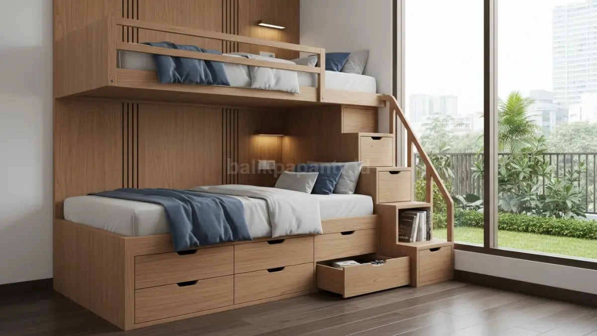 desain bunk bed modern dengan laci penyimpanan multifungsi
