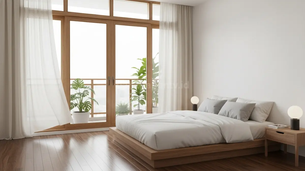 Desain jendela kamar tidur modern dengan cahaya alami maksimal, bikin ruangan terasa lega dan adem. (BTV/Ai)