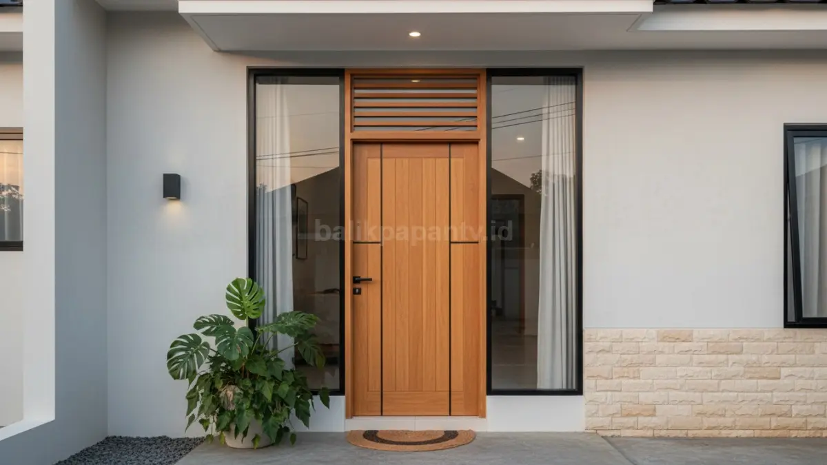 Desain pintu depan satu daun modern dengan kombinasi kaca dan kayu minimalis.(BTV/Ai)