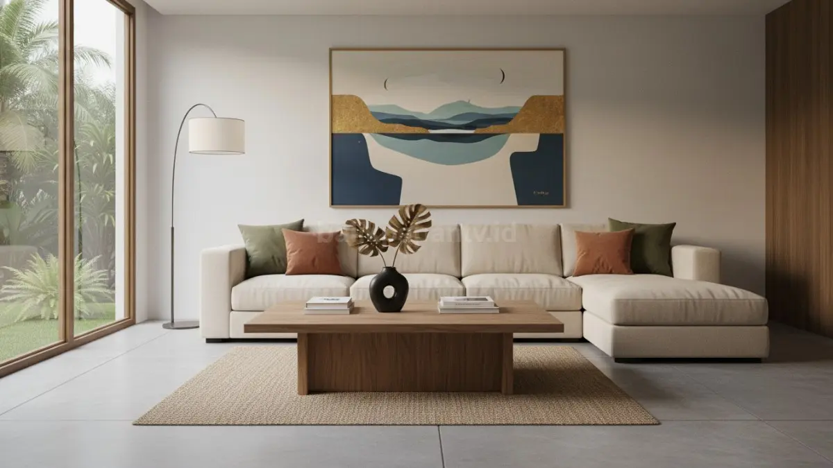 Furnitur minimalis statement seperti sofa clean atau meja kayu solid memberi fokus ruang elegan terarah minimalis (BTV/Ai)