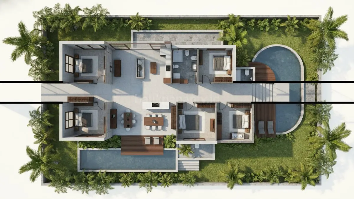Ilustrasi layout rumah 4 kamar dengan pembagian zona depan dan belakang
