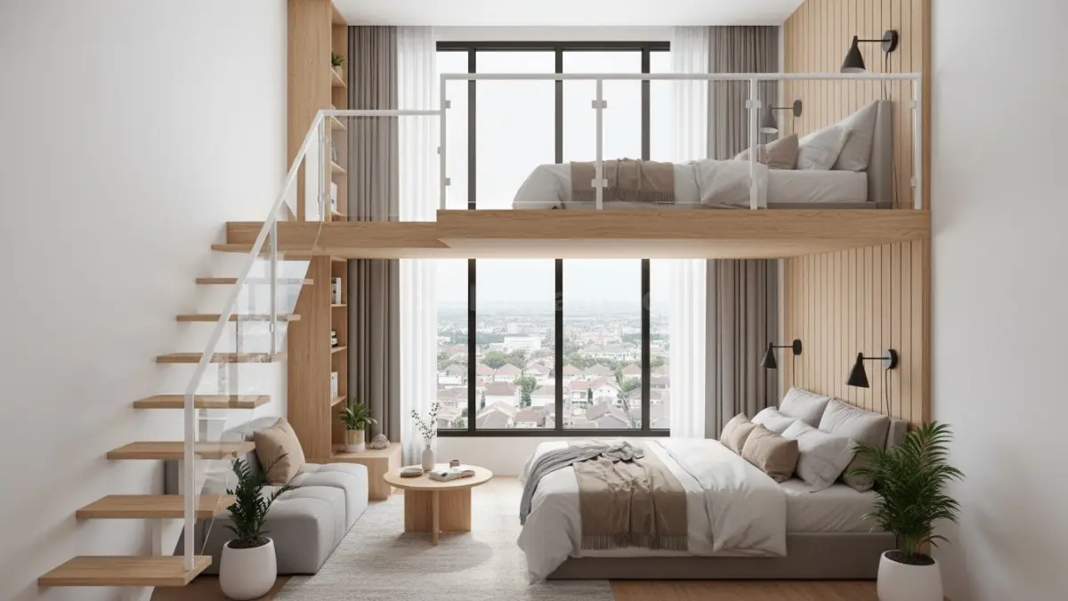 Interior kamar kecil dengan mezzanine modern yang efisien. (BTV/Ai)