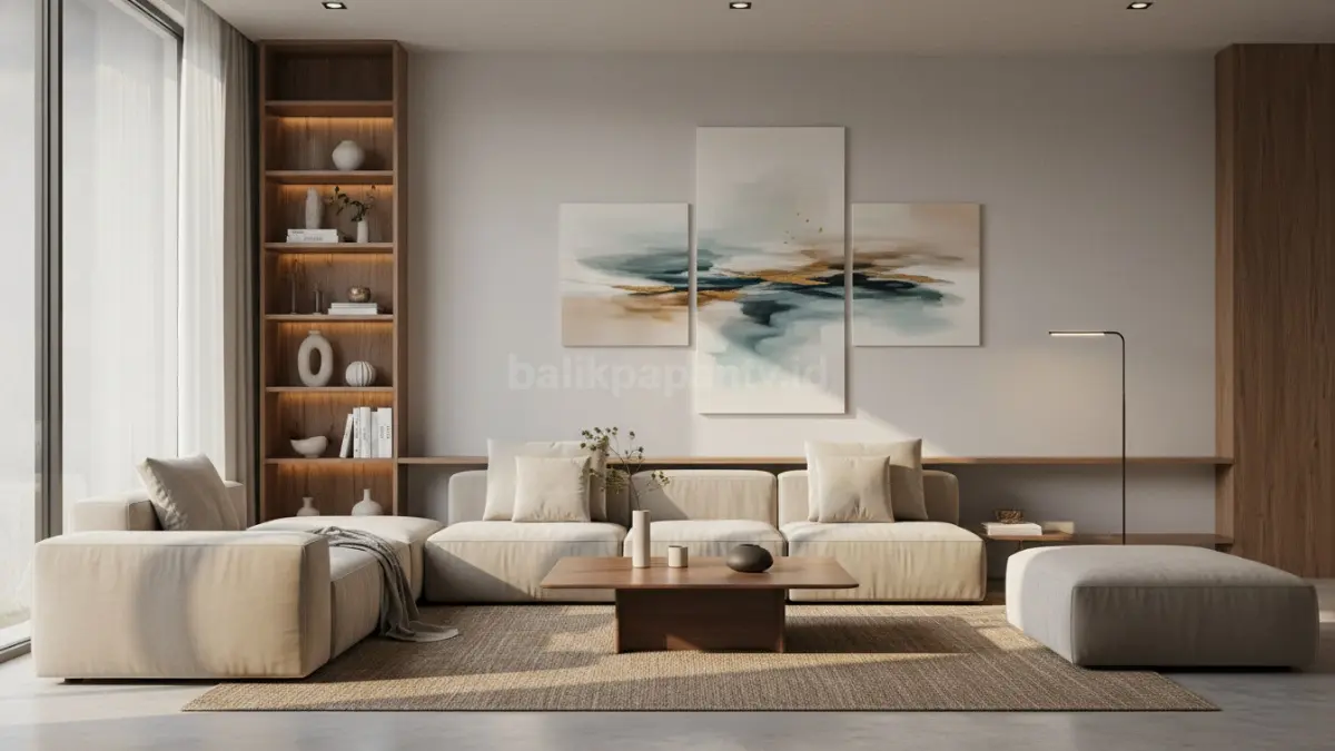 Interior rumah modern dengan dekorasi luksan estetik, nyaman, fungsional, warna netral, pencahayaan alami elegan minimalis (BTV/Ai)
