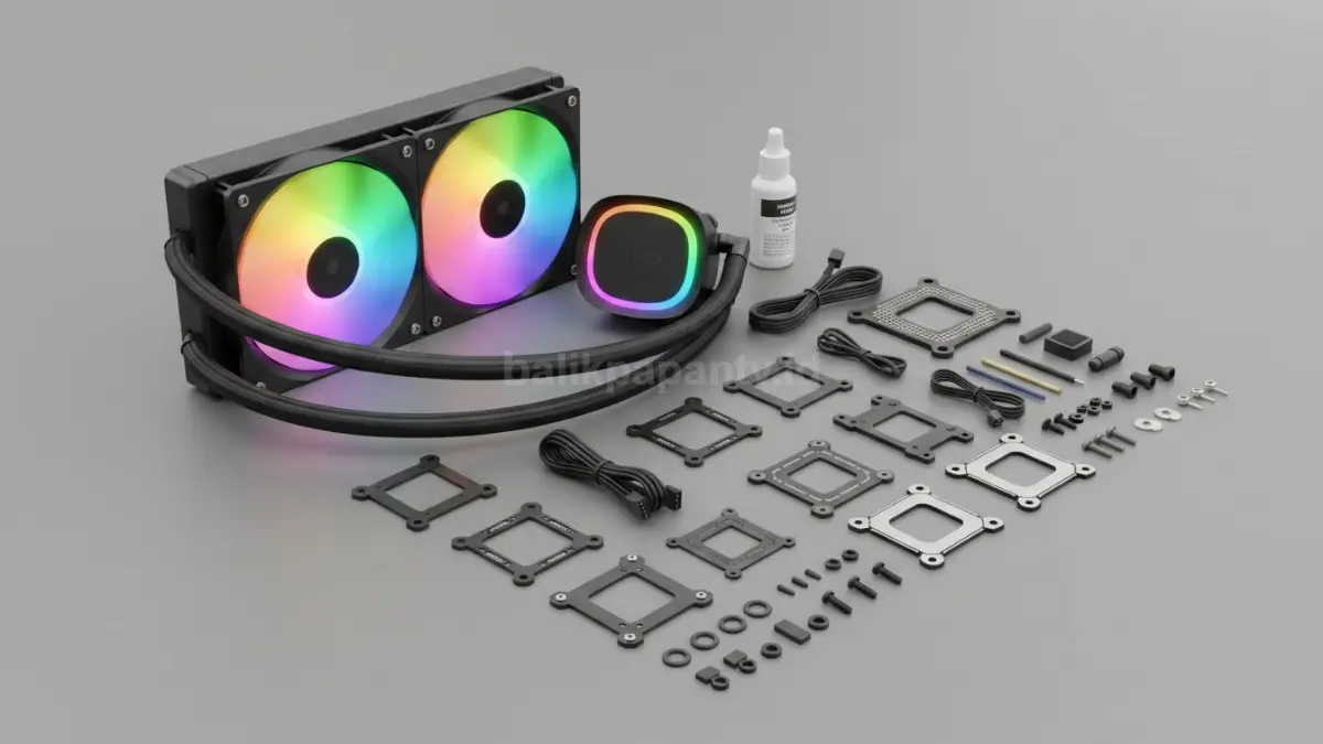 Isi paket lengkap AIO termasuk bracket dan thermal paste (BTV/Ai)