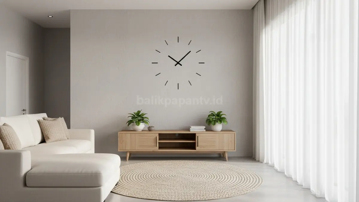 Jam dinding minimalis tanpa bingkai di ruang tamu modern, simpel dan elegan (BTV/Ai)