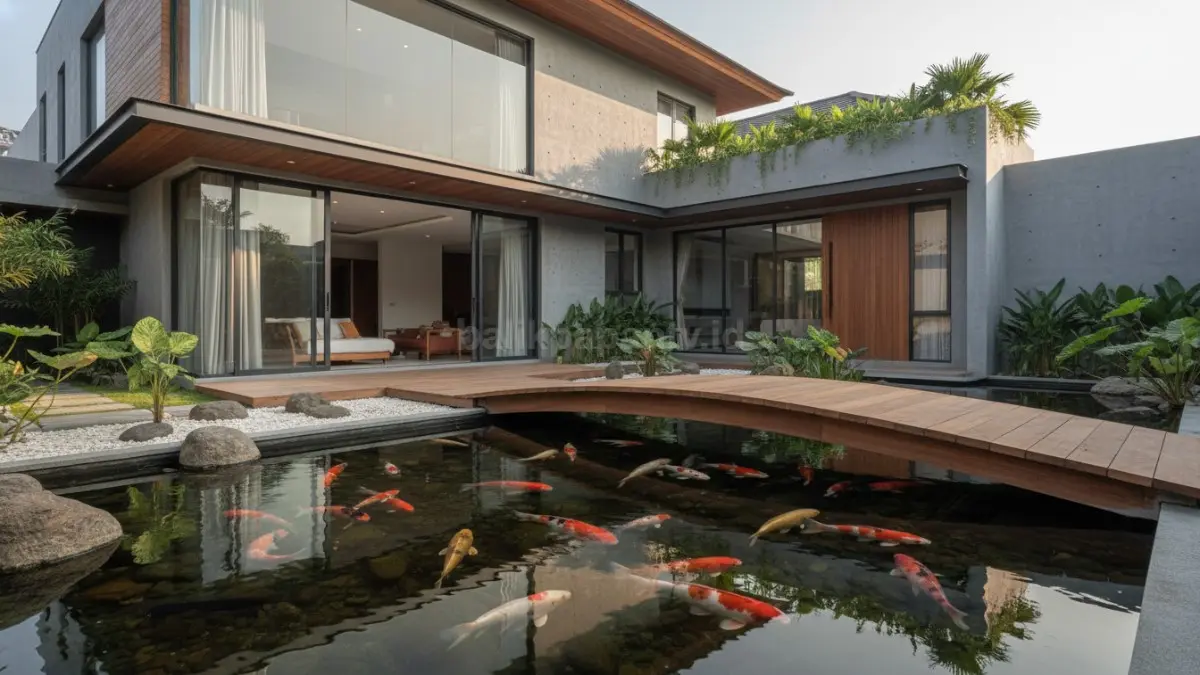Jembatan kayu minimalis melintasi kolam ikan di rumah modern

